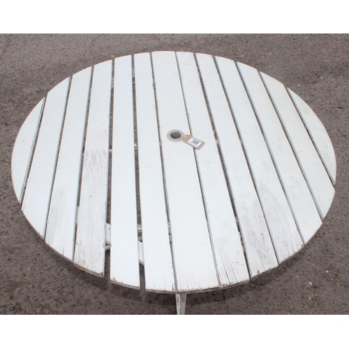 300 - A white painted folding wooden garden table with metal base, approx 100cm wide x 100cm deep x 66cm t... 