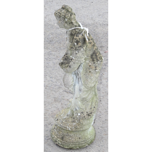 302 - A weathered concrete garden statue of a lady, approx 80cm tall