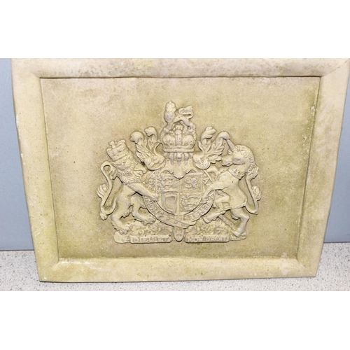 304 - Pair of concrete plaques depicting royal coat of arms/crest, approx 30cm x 28cm