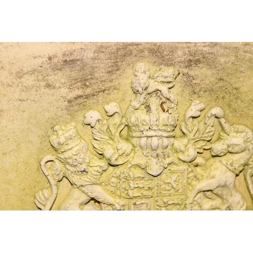 304 - Pair of concrete plaques depicting royal coat of arms/crest, approx 30cm x 28cm