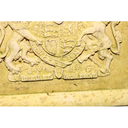 304 - Pair of concrete plaques depicting royal coat of arms/crest, approx 30cm x 28cm