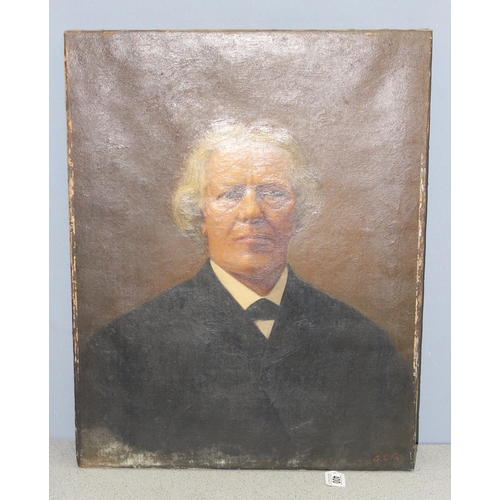 400 - Antique oil on canvas of an Edwardian gentleman, bearing Bishop & Sons shipping label, initialled bo... 