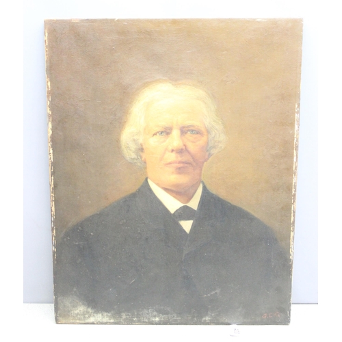 400 - Antique oil on canvas of an Edwardian gentleman, bearing Bishop & Sons shipping label, initialled bo... 