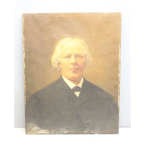 400 - Antique oil on canvas of an Edwardian gentleman, bearing Bishop & Sons shipping label, initialled bo... 