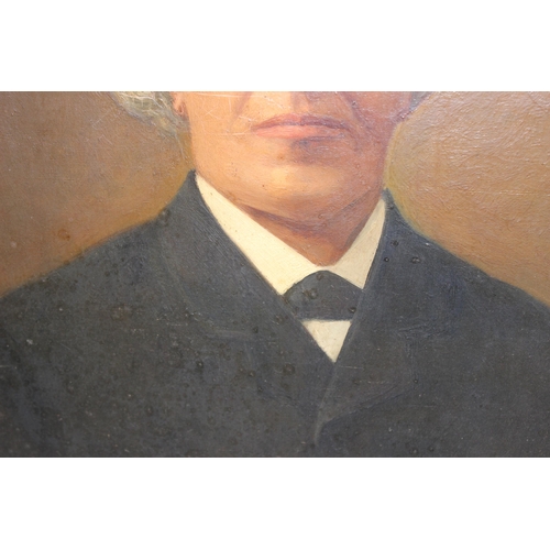 400 - Antique oil on canvas of an Edwardian gentleman, bearing Bishop & Sons shipping label, initialled bo... 