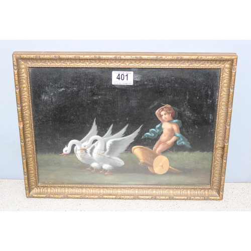 401 - Antique Italian allegorical 'Grand Tour' oil painting of a cherub on a chariot being pulled by swans... 