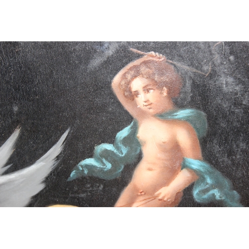 401 - Antique Italian allegorical 'Grand Tour' oil painting of a cherub on a chariot being pulled by swans... 