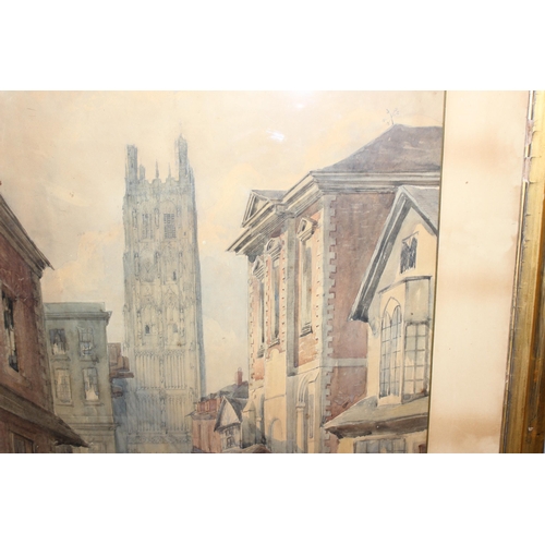 427 - Large antique watercolour street scene in gilt frame of Hope Street, Wrexham, Wales, approx 83cm x 6... 