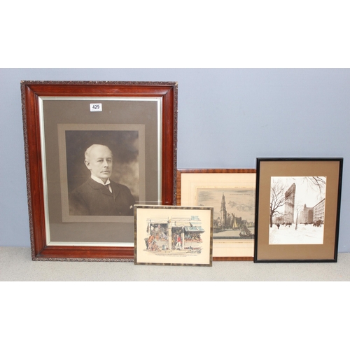 429 - Mixed lot of pictures to incl black and white portrait of a gentleman, photo/print of the Flatiron B... 