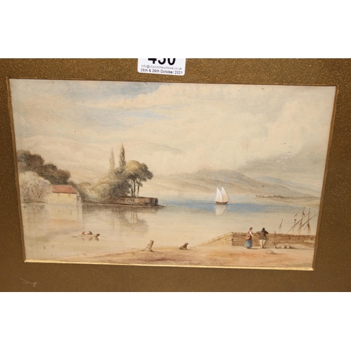 430 - Original watercolour of a (possibly Welsh) harbour marine-scape, seemingly unsigned, and a framed em... 