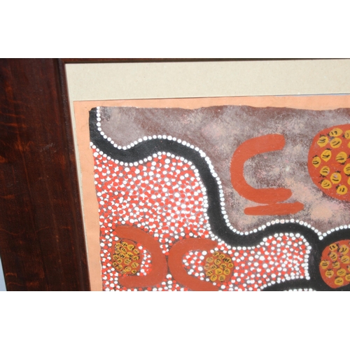 431 - Aboriginal framed painting on fabric, signed verso Donna N? entitled Honey Ants Dreaming? approx 64c... 