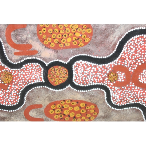 431 - Aboriginal framed painting on fabric, signed verso Donna N? entitled Honey Ants Dreaming? approx 64c... 