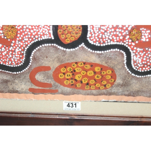 431 - Aboriginal framed painting on fabric, signed verso Donna N? entitled Honey Ants Dreaming? approx 64c... 