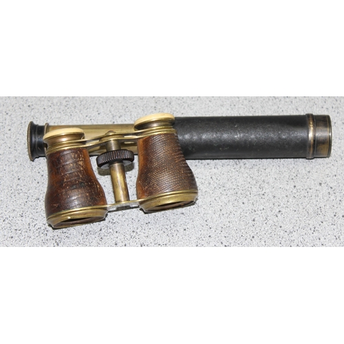 656 - Victorian brass three drawer telescope - 38cm fully extended and a pair of French brass and leather ... 