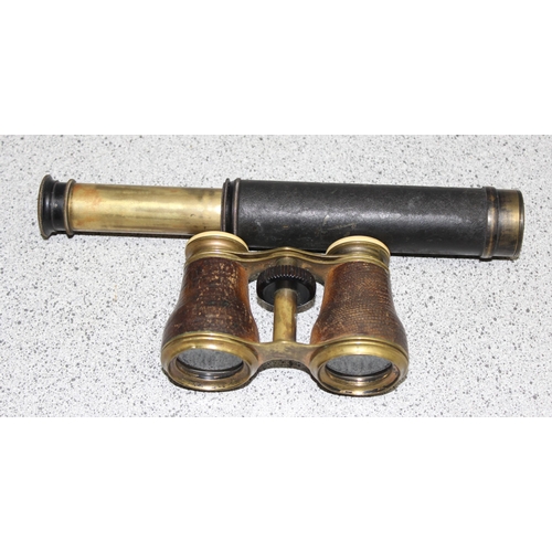 656 - Victorian brass three drawer telescope - 38cm fully extended and a pair of French brass and leather ... 