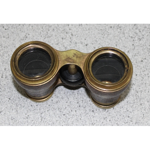 656 - Victorian brass three drawer telescope - 38cm fully extended and a pair of French brass and leather ... 