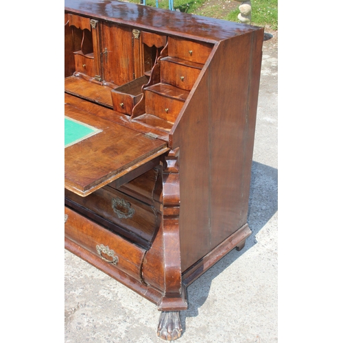 87 - Early 20th century Dutch figured walnut bombe bureau, fall-front enclosing fitted interior with cent... 