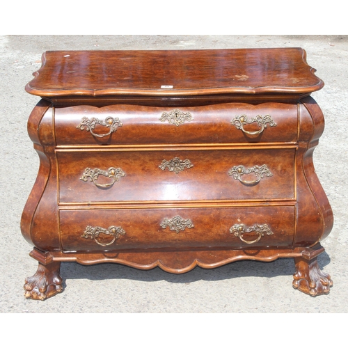 88 - A 19th century Dutch walnut bombe shaped chest, quarter-veneered serpentine top above 3 long convex,... 