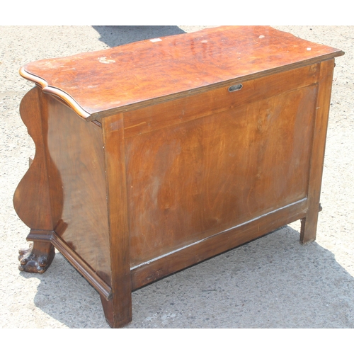 88 - A 19th century Dutch walnut bombe shaped chest, quarter-veneered serpentine top above 3 long convex,... 