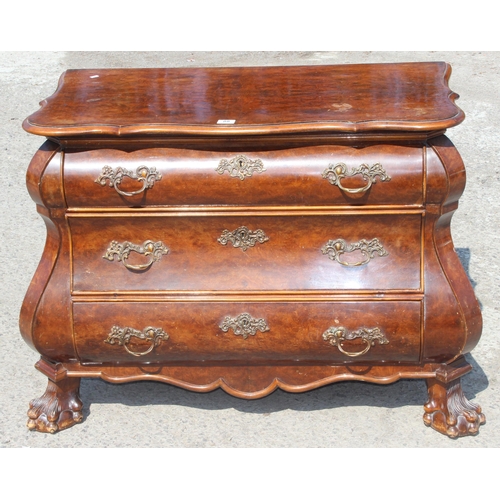 88 - A 19th century Dutch walnut bombe shaped chest, quarter-veneered serpentine top above 3 long convex,... 