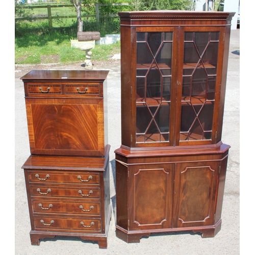 90 - 2 antique style mahogany cabinets, a glazed display cabinet and a fall front bureau or writing desk,... 