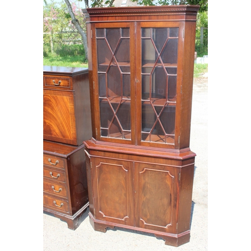 90 - 2 antique style mahogany cabinets, a glazed display cabinet and a fall front bureau or writing desk,... 