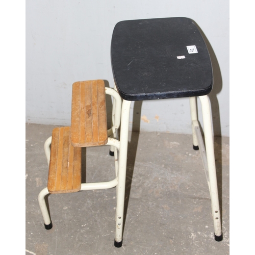 92 - A retro glass table on wheels and a vintage scullery step stool, table approx 40cm wide x 40cm deep ... 