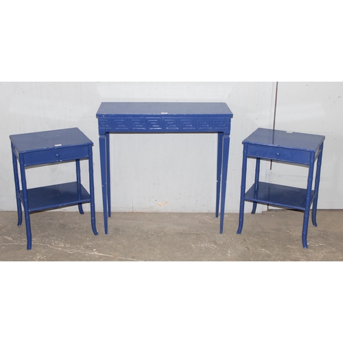 97 - A pair of blue painted Bamboo effect bedside table and a Greek key pattern hall table, largest appro... 