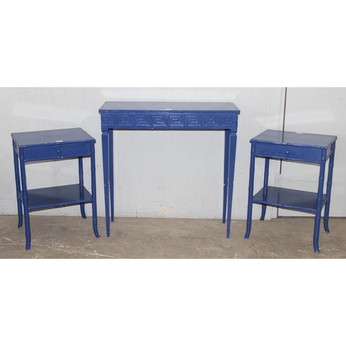 97 - A pair of blue painted Bamboo effect bedside table and a Greek key pattern hall table, largest appro... 