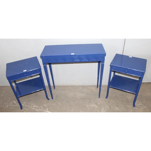 97 - A pair of blue painted Bamboo effect bedside table and a Greek key pattern hall table, largest appro... 