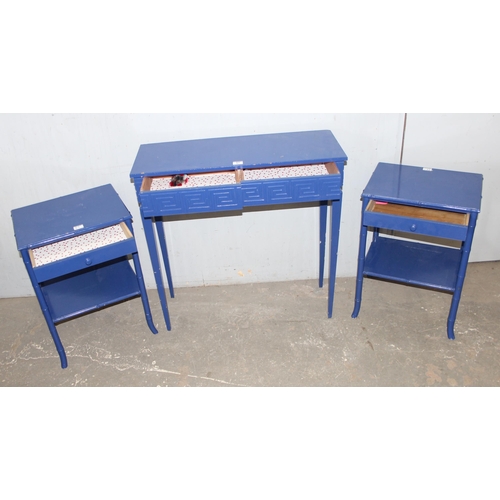 97 - A pair of blue painted Bamboo effect bedside table and a Greek key pattern hall table, largest appro... 