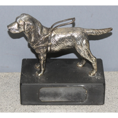 1013 - A vintage silver plated model of a Labrador guide dog on black stone base, by Loius Lejeune of Ely, ... 