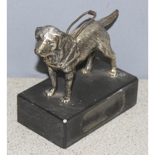 1013 - A vintage silver plated model of a Labrador guide dog on black stone base, by Loius Lejeune of Ely, ... 