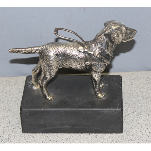 1013 - A vintage silver plated model of a Labrador guide dog on black stone base, by Loius Lejeune of Ely, ... 