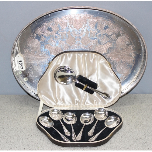 1017 - Silver plated serving tray with galleried edge and a boxed set of spoons, tray approx 45cm x 33cm