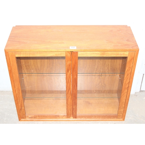 117 - 1960’s Danish style solid teak 2-door wall mounted /table top display cabinet with 2 adjustable and ... 