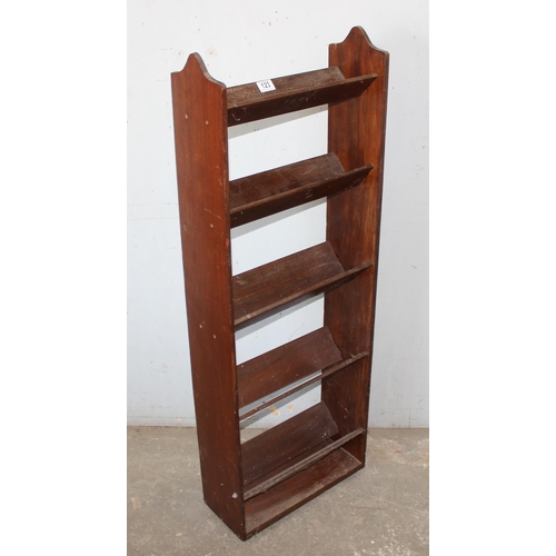 123 - 2 wooden bookshelves, one wall-mountable with 2 shelves and a freestanding 5 tiered unit with trough... 