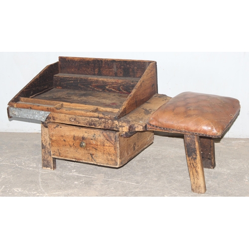 143 - A very unusual rustic pine cobbler's table and stool, approx 110cm wide x 52cm deep x 51cm tall