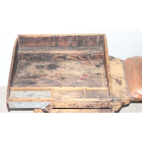 143 - A very unusual rustic pine cobbler's table and stool, approx 110cm wide x 52cm deep x 51cm tall