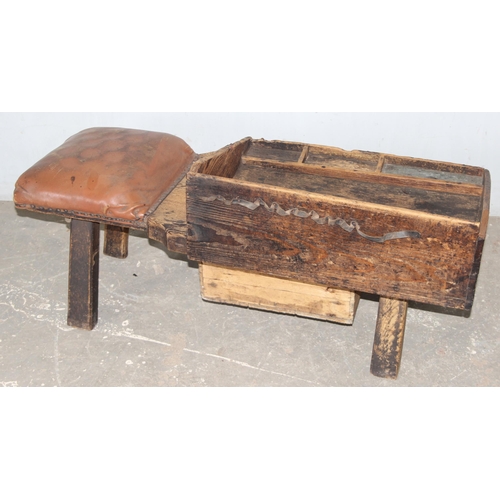 143 - A very unusual rustic pine cobbler's table and stool, approx 110cm wide x 52cm deep x 51cm tall