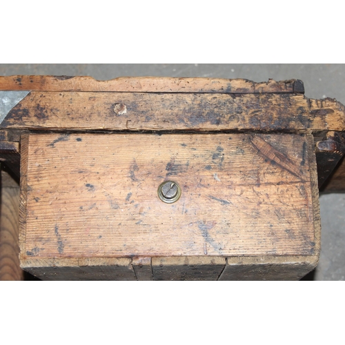 143 - A very unusual rustic pine cobbler's table and stool, approx 110cm wide x 52cm deep x 51cm tall