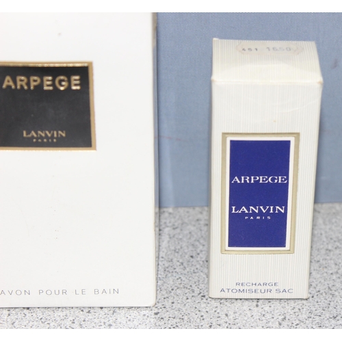 1655 - Eau Arpege Lanvin Paris, 3 boxed items to inc an atomiser with some contents, le talc and Savon