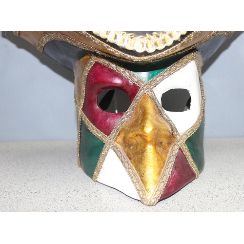 223 - Vintage Venetian papier-mache Casanova mask with harlequin colours and gold coloured fabric trim