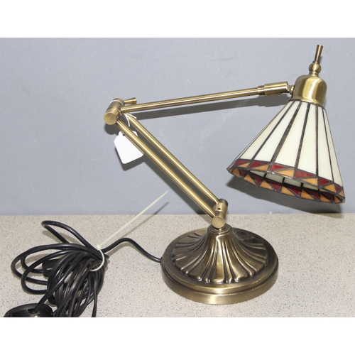 258 - An adjustable brass desk lamp with Tiffany style shade, approx 50cm when extended