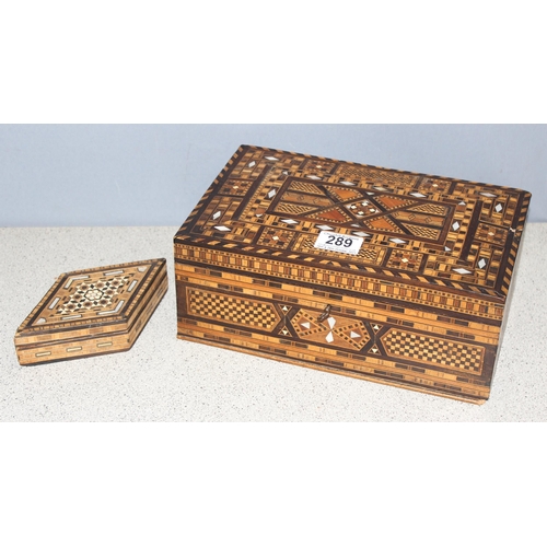 289 - An antique Syrian marquetry jewellery box with mirror in the lid and decorated with a mosaic of diff... 