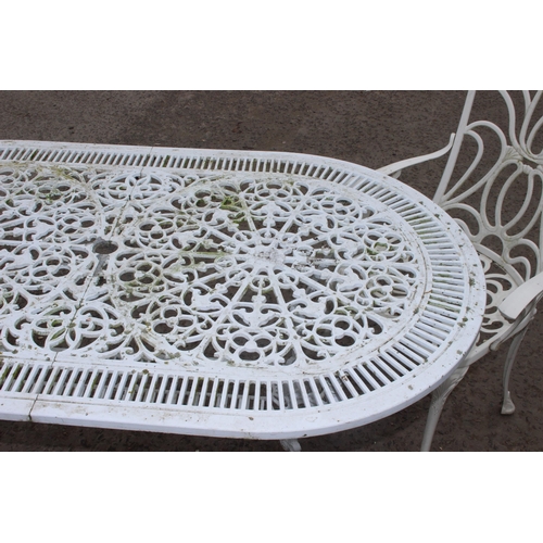 309 - Antique style white painted aluminium garden table with 2 chairs, table approx 142cm W x 81cm D x 72... 