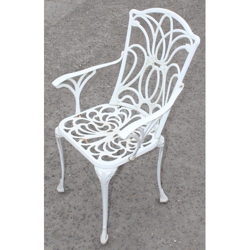 309 - Antique style white painted aluminium garden table with 2 chairs, table approx 142cm W x 81cm D x 72... 