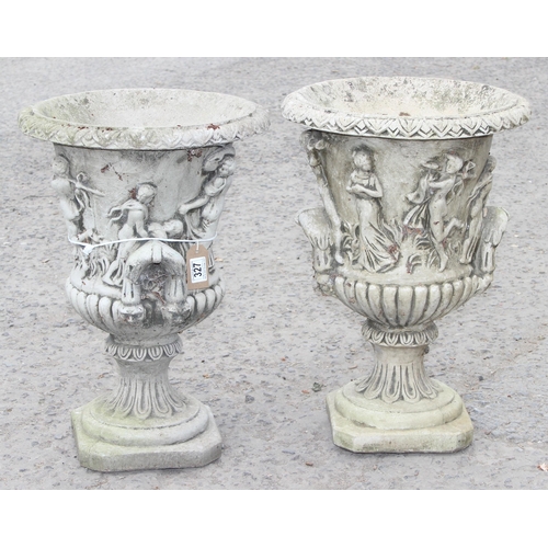 327 - A matched pair of cast concrete garden urns with moulded classical design, approx 40cm W x 57cm H