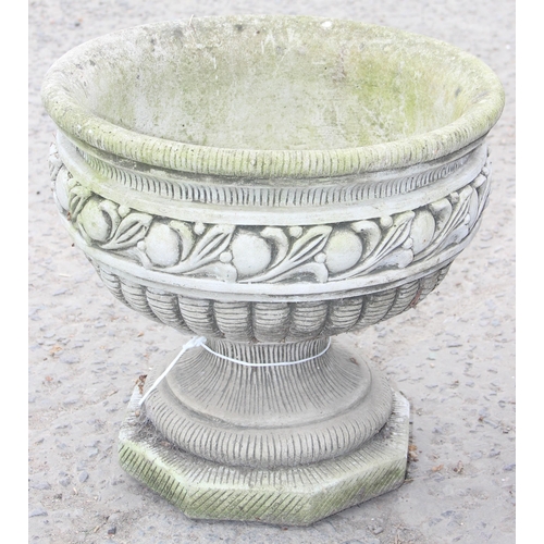 328 - A pair of decorative cast concrete classical style garden urns with fruit design, each approx 43cm H... 