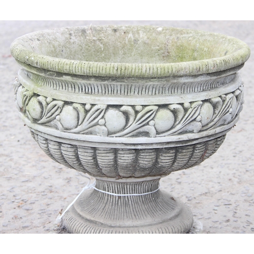 328 - A pair of decorative cast concrete classical style garden urns with fruit design, each approx 43cm H... 